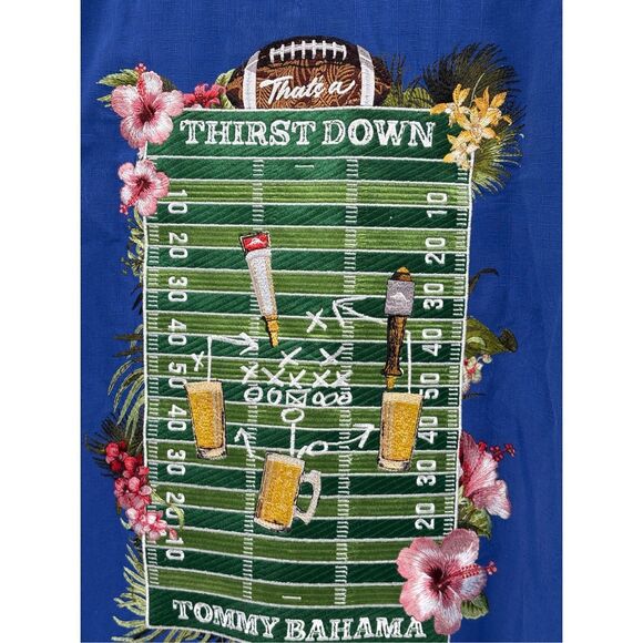 Tommy Bahama Button Down Shirt Thirst Down Silk Men Large Blue Football New‎ - Picture 2 of 10